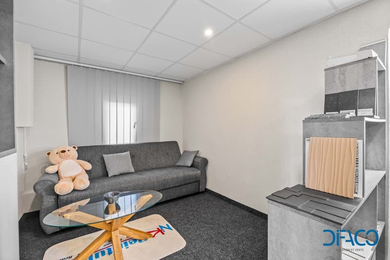 modern living room with gray sofa, glass table, carpet, white walls, and a teddy bear