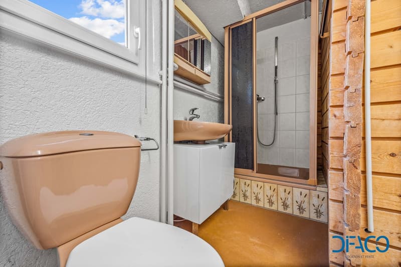 Bathroom with toilet, sink, and shower