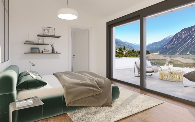 Bed, white sheets, lamps, rug, shelves, sliding glass doors, balcony, mountains view