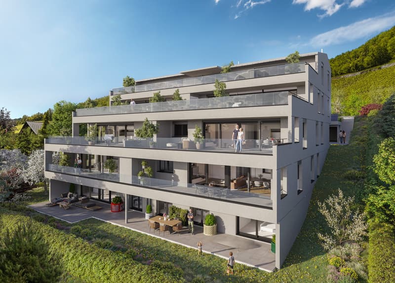 modern residential building, multiple balconies, multiple floors, garden area