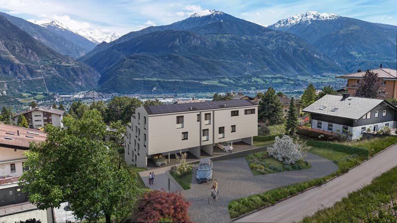 New building, multiple houses, solar panels, car in garage, mountain view