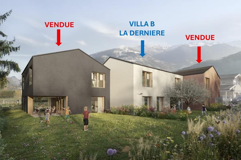 New villa with three houses, large windows, garden and playground area, surrounded by mountains