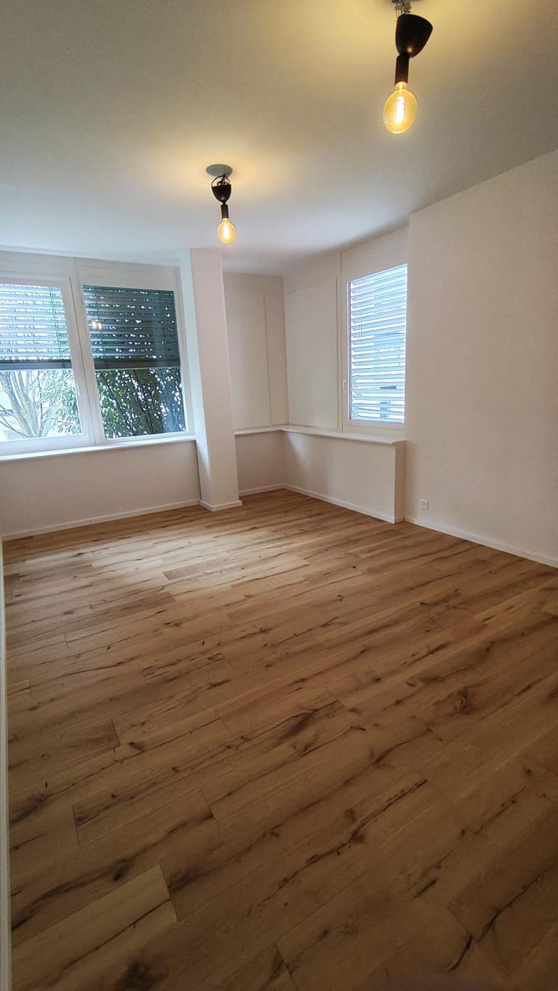 empty room, wooden floor, white walls, two windows, two lamps