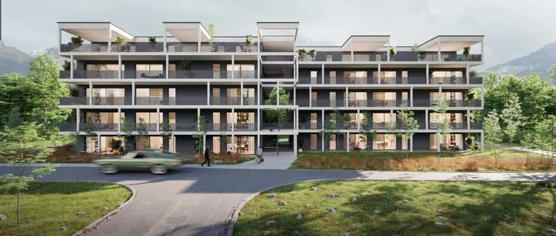 Multistory residential building, multiple balconies, trees, driveway, parked car, mountain view