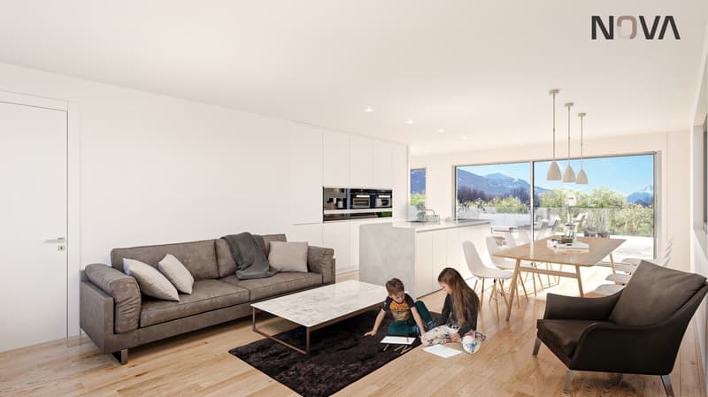 living room with wooden floor, white walls, glass walls to balcony, large windows, sofa, table, kitchen, children playing