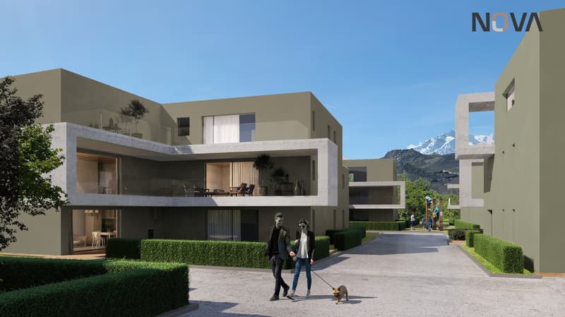 modern architectural design, multiple buildings, balcony visible