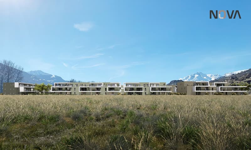 apartments, balconies, green exterior, surrounded by grass