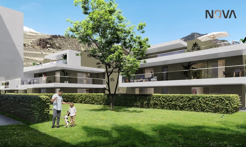 Apartment complex, modern design, balconies, green surroundings, two people walking with dog