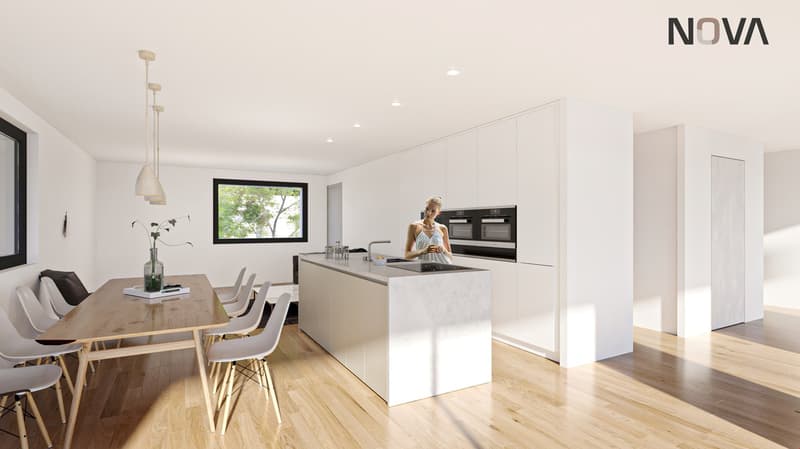 kitchen with central island, dishwasher, stove, microwave, large dining table, white dining chairs, pendant lights
