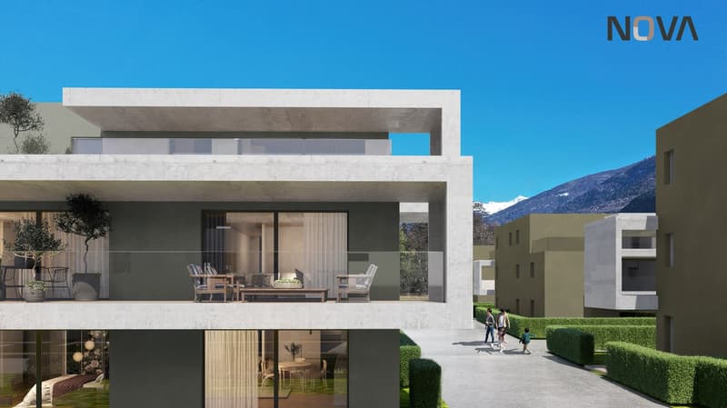 Modern apartment complex, multiple buildings, glass railing balcony, green landscape, well-lit interior