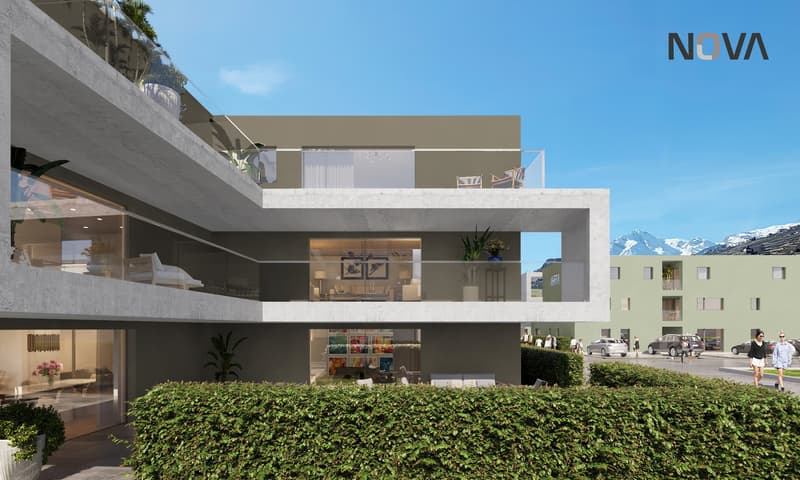 Multi-level modern house, grey concrete, large glass windows, terraces, landscaped garden, city view