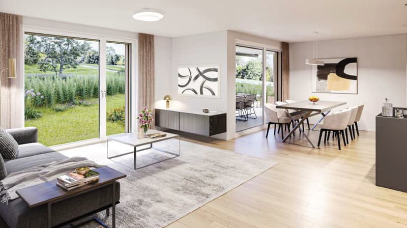 Living area, dining table, couch, floor lamps, windows, paintings, carpet, side table