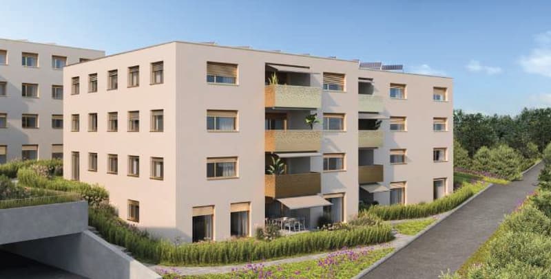 3 story apartment building, beige paint, several balconies, terrace, garden, pathway