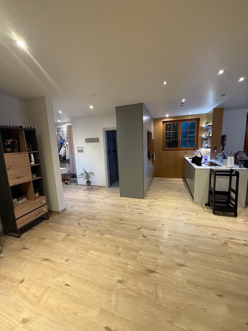 Open floor plan, living room, hallway, open kitchen, wooden floor, walk-in shower