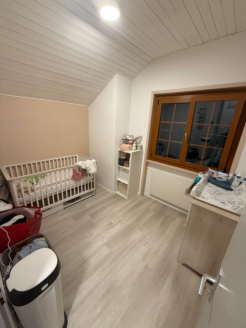 baby crib, shelves, radiator, window, trash bin
