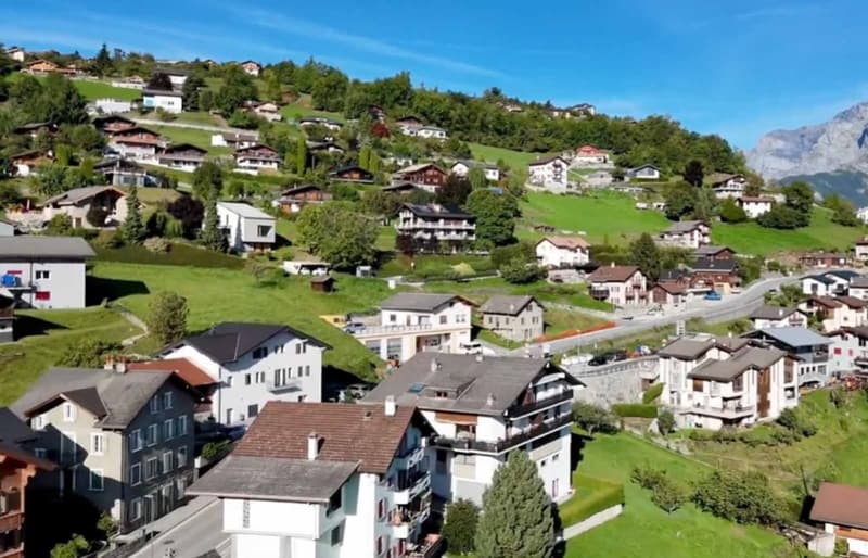 Aerial view of residential houses, situated on a slope with green pastures, trees, and mountains in the background