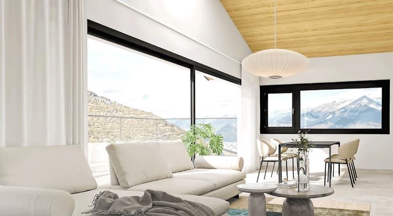 modern living room, large windows, high ceiling, plants, white sofa, dining table and chairs, wooden floor