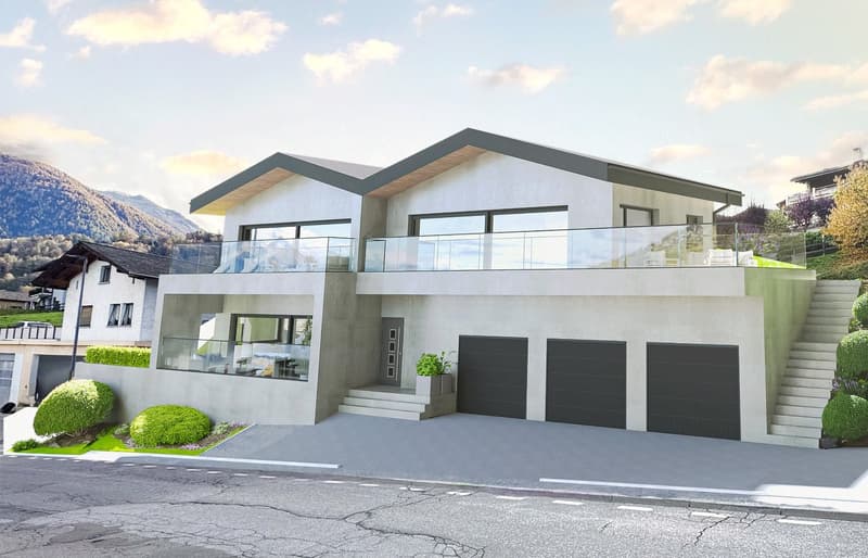 modern house, 2 story, white walls, glass balconies, concrete garage, raised ground floor