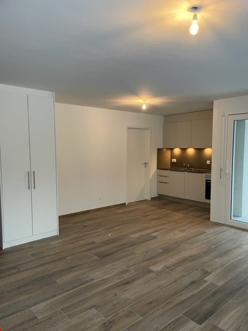 Empty room with hardwood floor, white walls, a tall wardrobe, and a kitchen with sink and faucet.