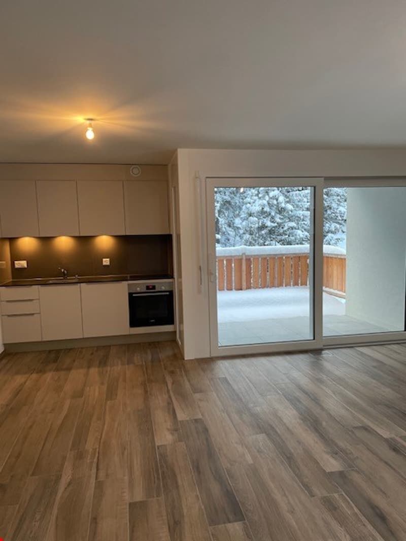 Modern Kitchen with wooden floors, sliding glass doors to balcony, white cabinets, integrated appliances, overhead lighting