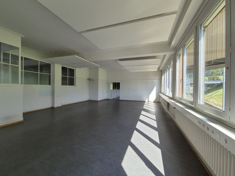 large open room, white walls, ceiling, windows, gray flooring, light coming from the windows