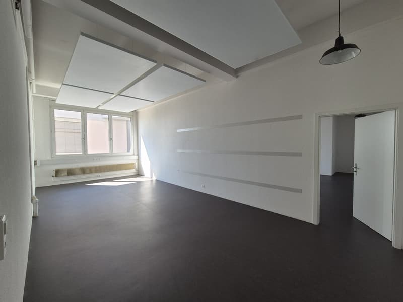 empty room, white walls, gray floor, white ceiling, windows, white doors