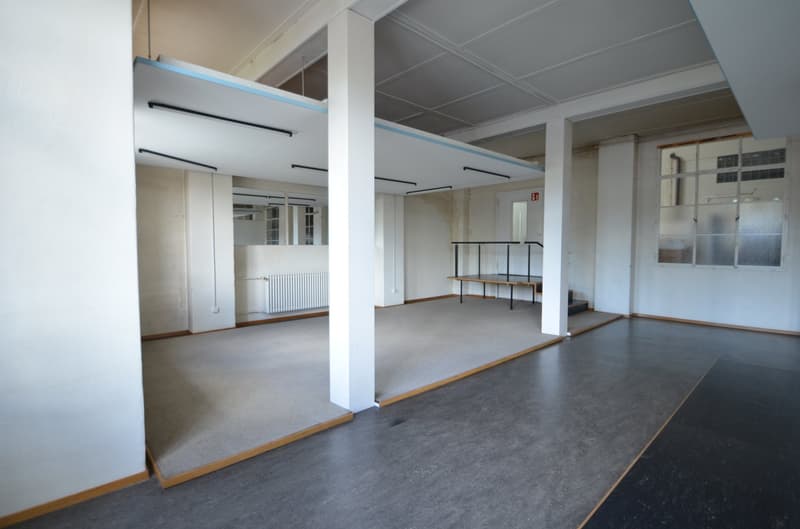 Empty room, carpeted flooring, ceiling lamps, pillars, bench, radiator, and doors on the wall.