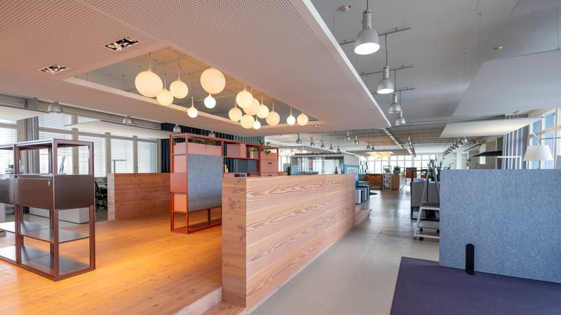 Open floor plan, wooden floor, hanging lights, wooden counters, glass windows, shelves, office furniture