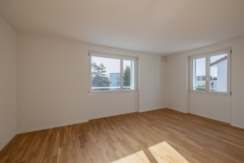 Empty room, wooden floors, white walls, two windows, electrical outlet on wall