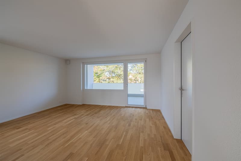 empty room, wooden floor, white walls, sliding glass door to balcony
