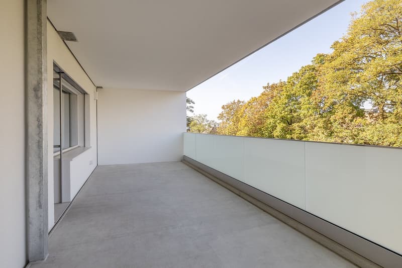 large balcony with clear glass railings, overlooking trees