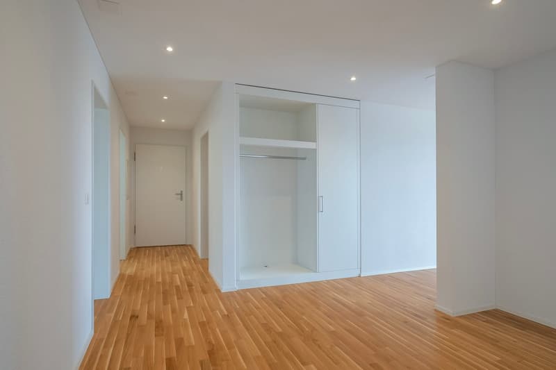 Empty hallway with wooden floor, white walls, and a white wardrobe with a hanging rail.