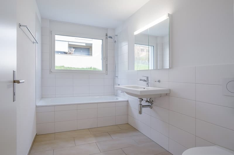 white tiles, bathtub, sink, mirror, toilet, shower