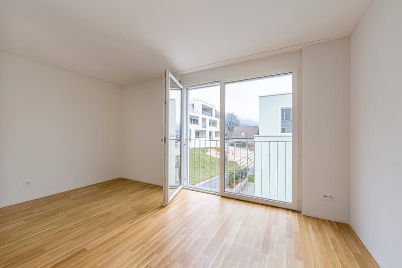 empty room, wooden floor, white walls, sliding glass doors, balcony
