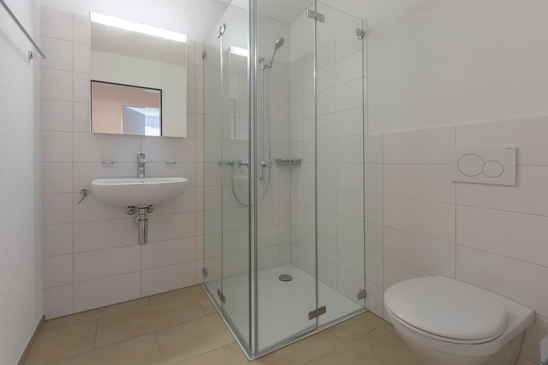 modern bathroom with white tiles, glass shower enclosure, white sink, white toilet, mirror
