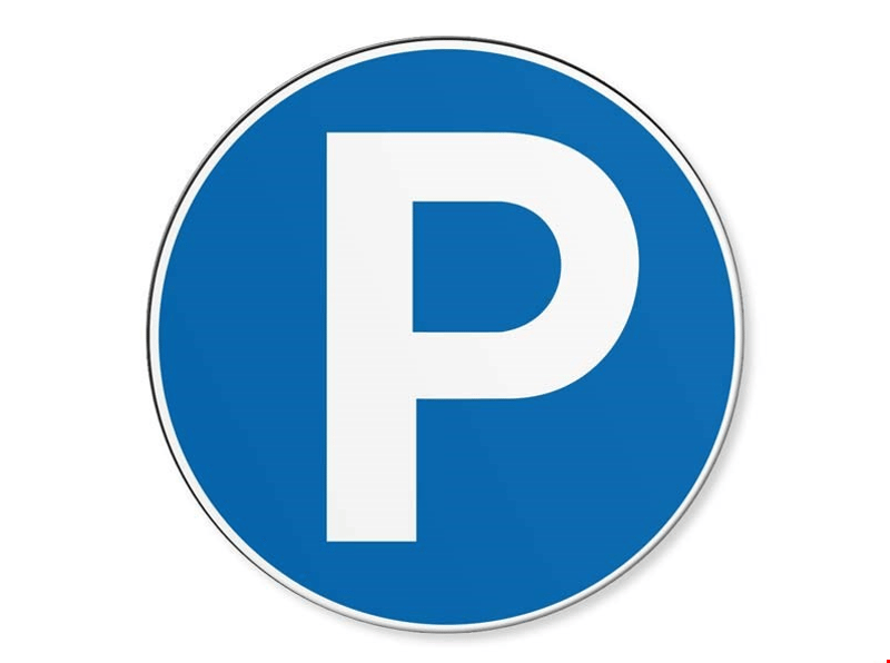Blue and white sign with a white letter P in the center