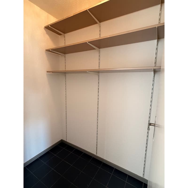 Empty room with white walls, black tiled floor, and multiple shelves