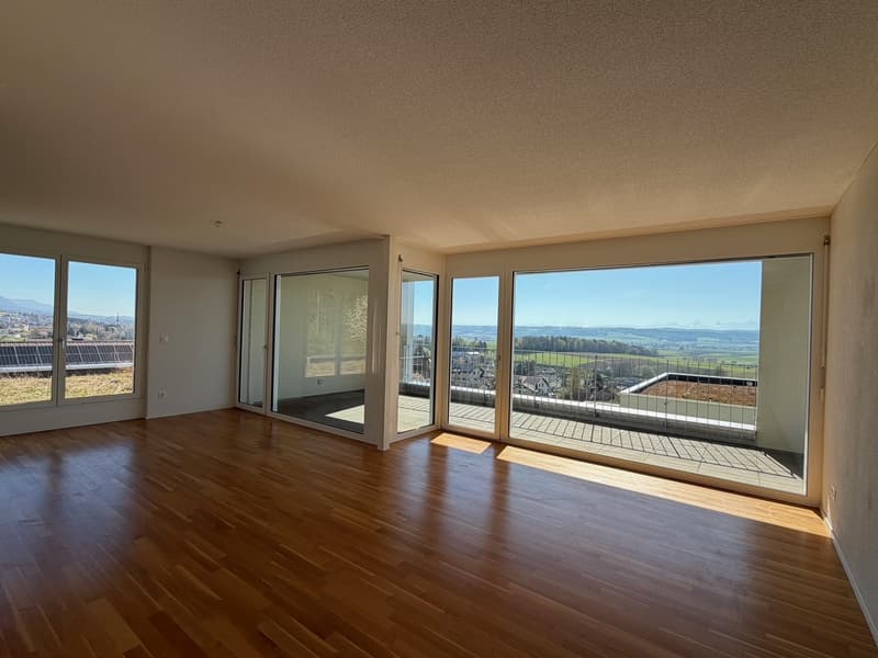 large open space, wooden floor, large windows, balcony, view of the city and mountains