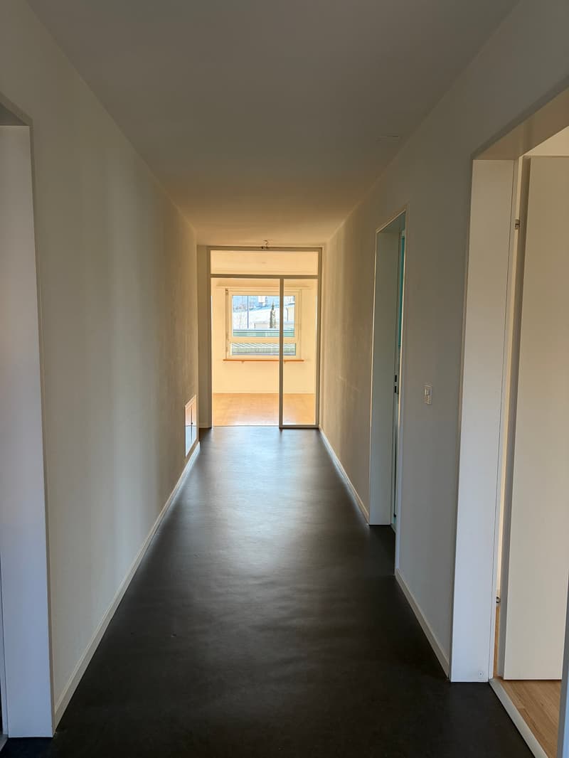 Empty hallway with white walls, black floor, glass door, and a window.