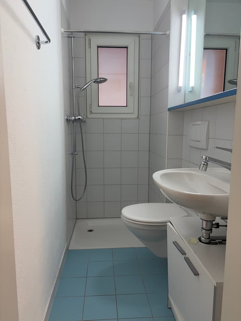 small bathroom with shower, toilet, sink, blue tiles, white walls