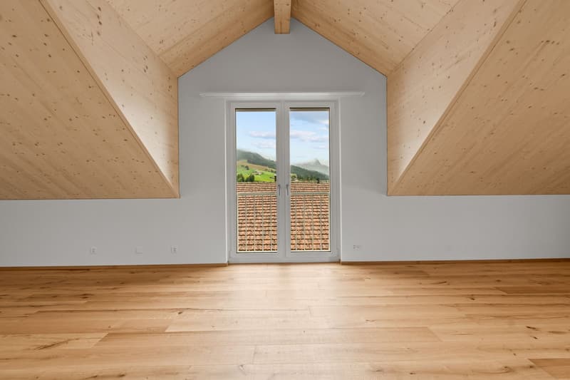 empty room, wooden floor, white walls, glass balcony doors, view of the landscape