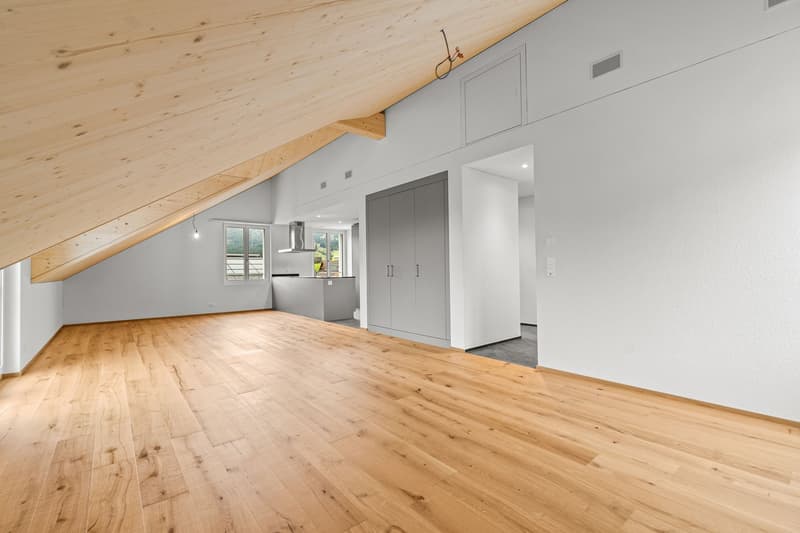 empty attic room with wooden floor and wooden ceiling