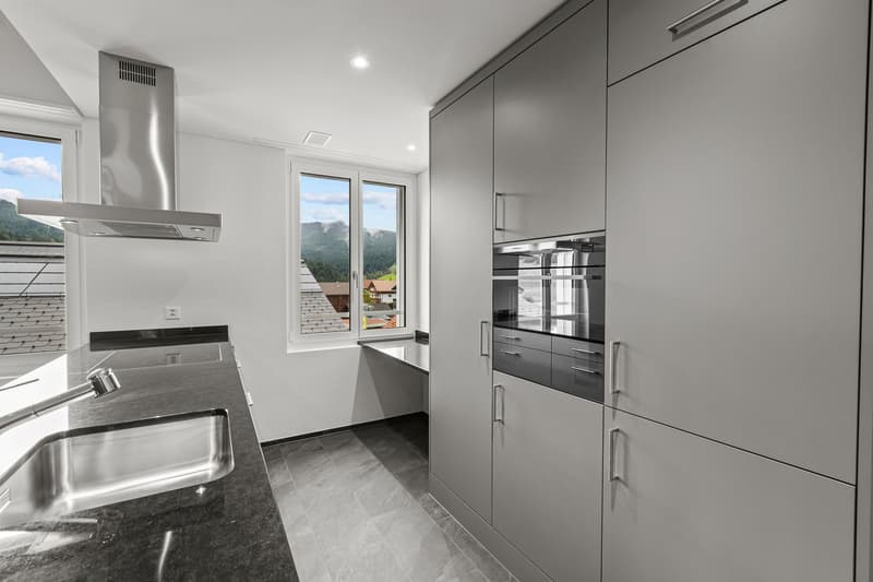 modern kitchen with stainless steel appliances, white walls, granite countertops, stainless steel sink, modern lighting, large window