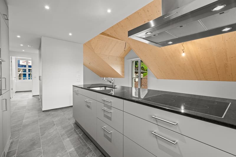 Kitchen with wooden roof, granite countertop, induction hob, sink, kitchen cabinets, tile flooring