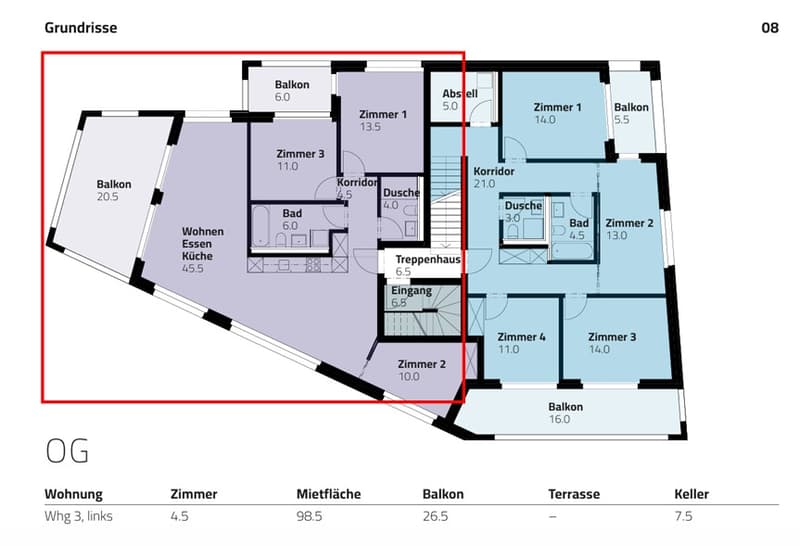 3 living rooms, 4 bedrooms, 2 bathrooms, entrance hall, kitchen, corridor, storage, balcony, terrace
