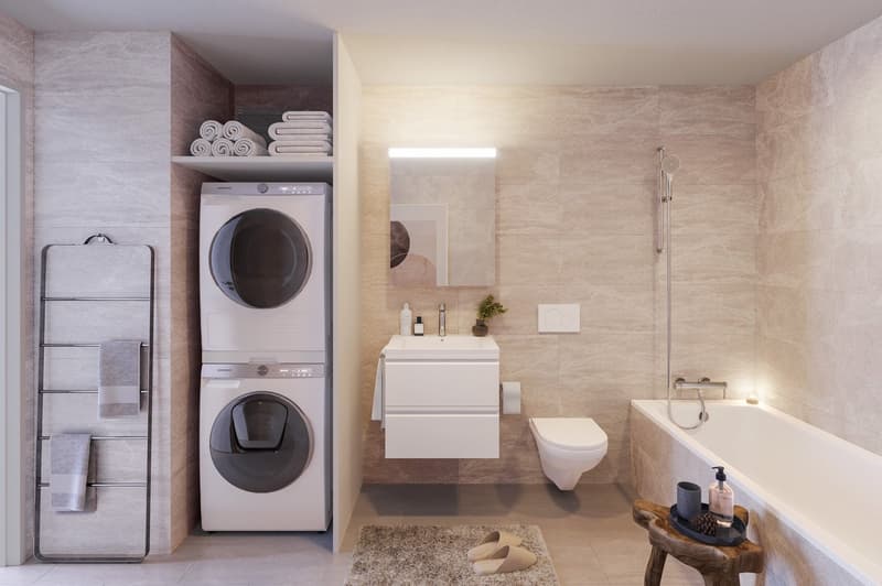 modern bathroom with bathtub, toilet, sink, washing machine, and shower