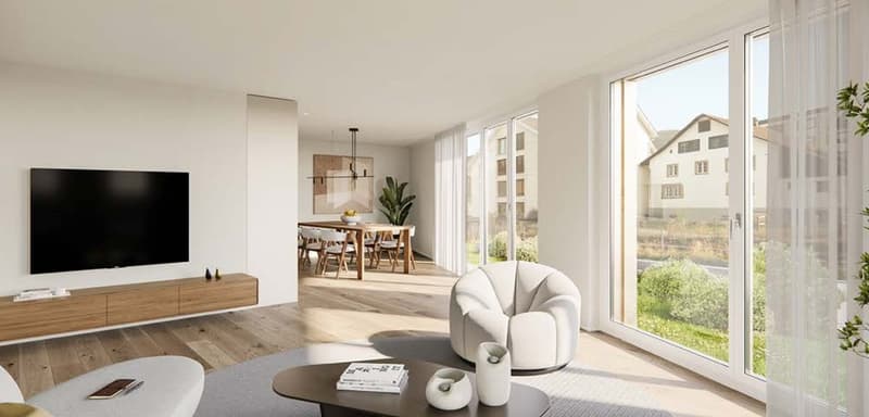 modern living room, large windows, flat screen TV, wooden floor, white furniture, coffee table, view of the outside
