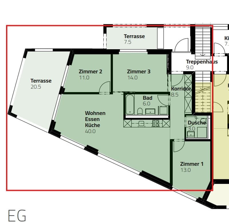 3 bedrooms, living room, kitchen, bathroom, terrace