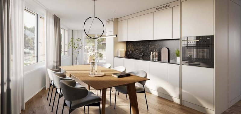 Dining room with wooden table, white chairs, white cabinets, black countertops, modern decor, large windows