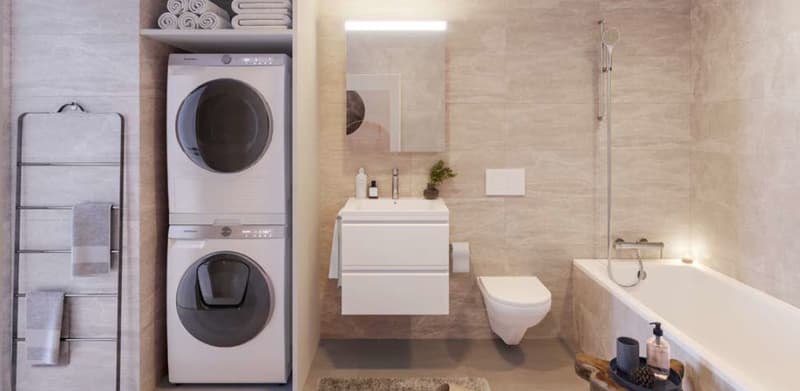 modern bathroom with bathtub, toilet, sink, washing machine, and shower